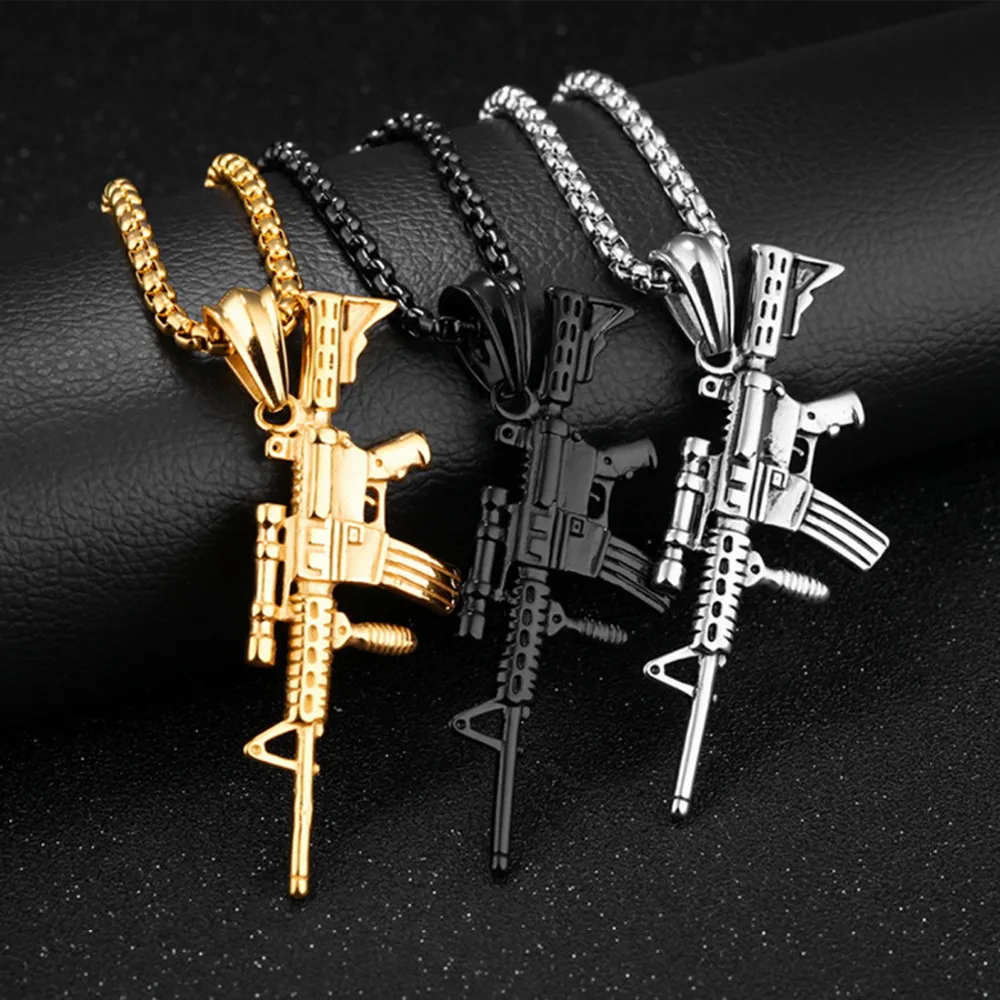 

Mens Good Gift Fashion Silver/Gold/Black Stainless Steel Sniper rifle Gun Pendant Free Box Necklace