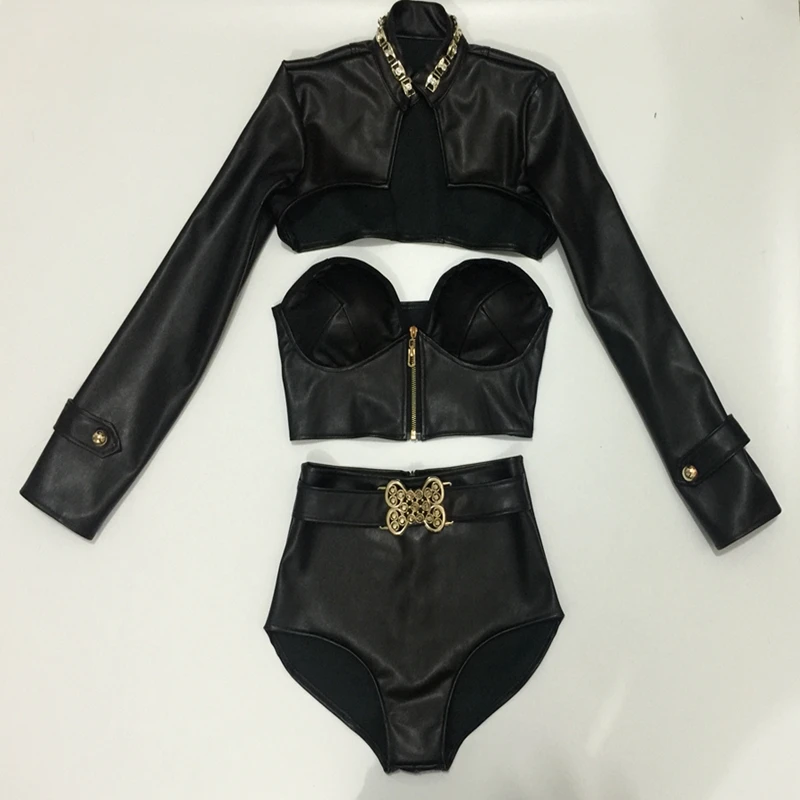 

DJ Singer Lead Dancer Bar Nightclub Concert Dance Outfits Black Leather Bra Shorts Jacket 3 Piece Set Hip Hop Jazz Dance Costume