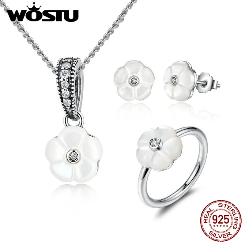 

WOSTU 100% 925 Sterling Silver Luminous Florals White Shell Earring Jewelry Sets Compatible Original Wedding Jewelry Acce