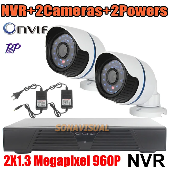 2CH NVR Kits HD Onvif/P2P 1.3Megapixel IP Camera 960P + NVR Recorder With Motion Detect Home Security System Waterproof Outdoor