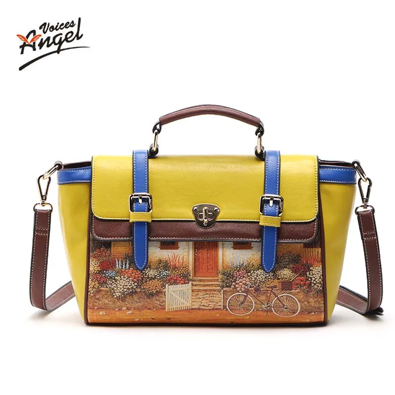 Angel Voices brand printed PU bag vintage handbag womens medium big tote bags female crossbody bags