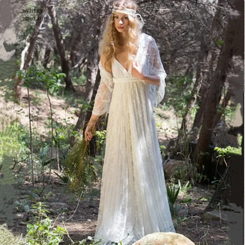 

Cheap Bohemian Wedding Dress 2019 V-neck Lace Sleeveless Backless Bridal Gown Vestido De Noiva Boho Wedding Ball Gowns China