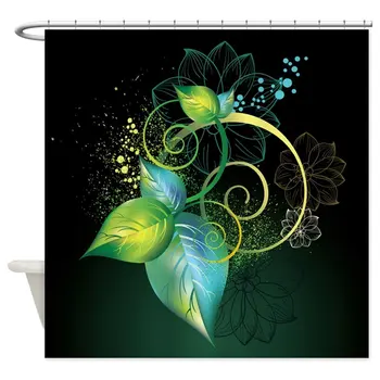

Our House Decor Green And Teal Leaves Floral Decorative Fabric Shower Curtain Set and Floor Mat Non-slip Doormat Rug