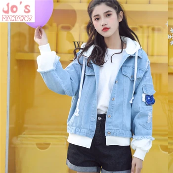 

Women Denim Jacket Coat Kawill Stitching Hooded Streetwear Harajuku Sryle Hole Casual Lady Jeans Denim Loose Cute Jacket