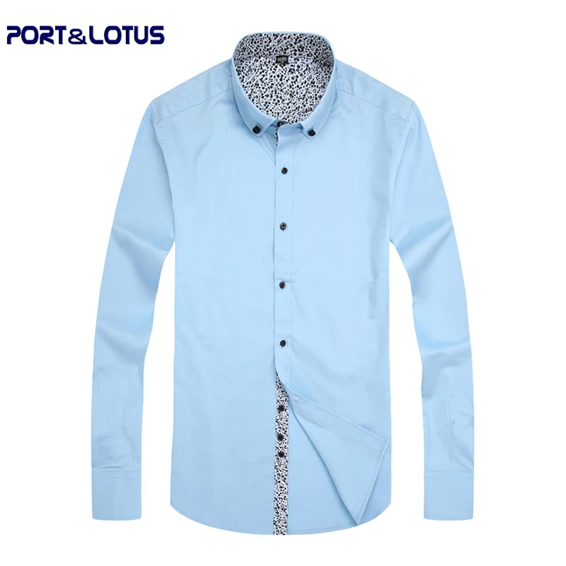 Port&Lotus Men 100Cotton Dress Shirt Pure Color Casual Long Sleeve