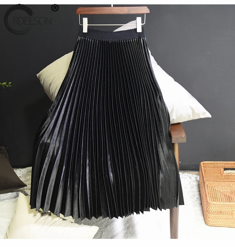 ORDEESON 75 см блестящая черная юбка атласная Высокая талия плиссированные юбки миди однотонная длинная юбка Rok эластичная талия Высокое качество зима