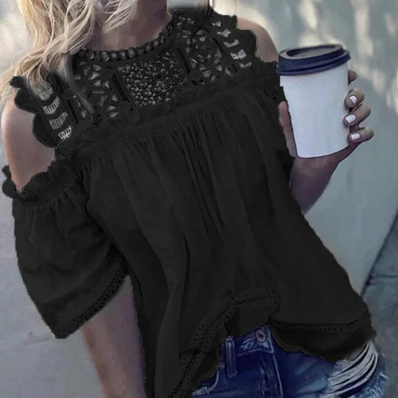 

White Lace Spliced Hollow Out O neck Ruffles Elegant Blouse Off Shoulder Half Sleeve Pleated Loose Casual Shirt Women Tops Solid