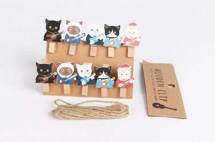 10 Pcs/Set Cute Guitar Cat Wooden Clip Photo Paper Clothespin Craft Clips Party Decoration Clip with Hemp Rope