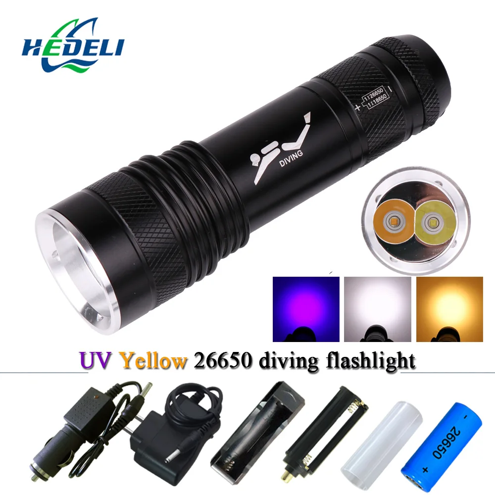 

Diving flashlight 18650 or 26650 Ultraviolet flashlight LED Underwater Flashlights Waterproof Portable Lantern Lights dive light