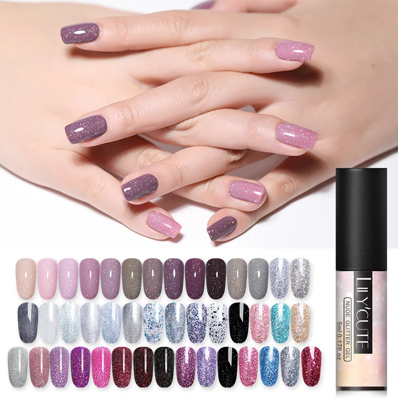 LILYCUTE 5 مللي اللون هلام البولندية المجسم قوس قزح بريق الترتر نقع قبالة طويلة الأمد هلام البولندية مسمار الفن ورنيش