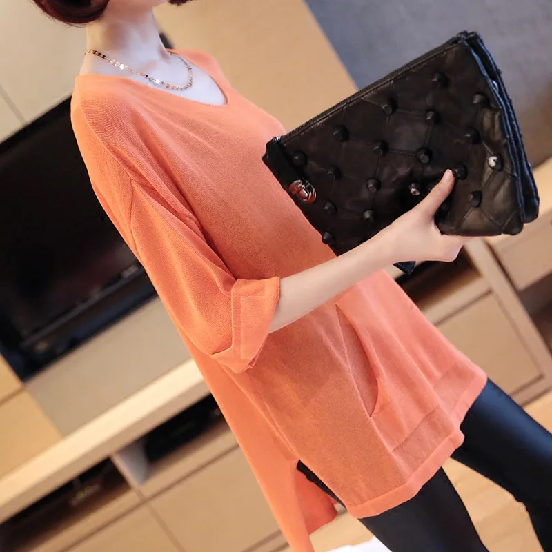 

Ice silk pullover large size sweater Ms. 2019 summer new women's Korean version of the v-neck hollow sunscreen