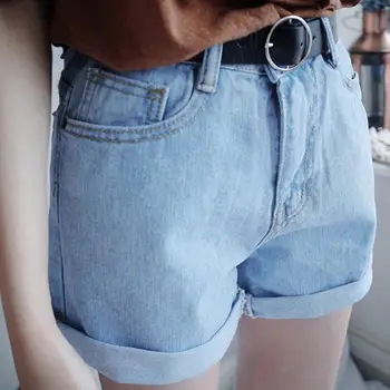

Summer Shorts Solid Color Loose Roll Edge High Waist Denim Shorts Women Clothes Casual Sweet Short Jeans Short