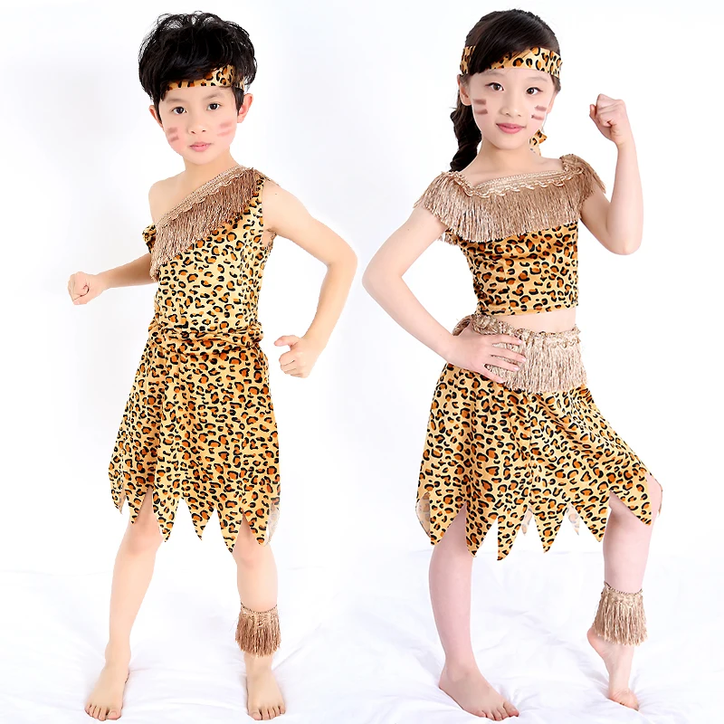 Children Savage Caveman Costumes Boy Leopard African tribal Hunter clothing for girl Performance costumes cosplay dress children costumes