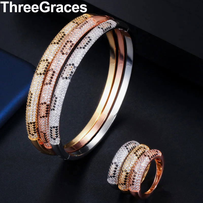 

ThreeGraces 2019 Fashion Designer CZ Stone Yellow Glod Round Open Cuff Bracelets Bangles and Rings Jewelry Sets for Women JS262