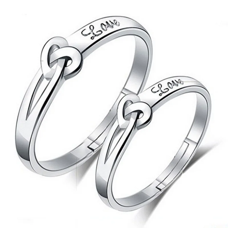 JS Adjustable Silver Eternity Wedding Heart to Heart Ring Couple Best Friends Forever Rings Set Anillos Plata 925 SR011