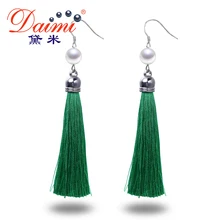 DAIMI シルバーイヤリングロング Tassles ドロップイヤリング 9-10 ミリメートルホワイトパールのイヤリング 6 色グリーン/オレンジ/ フクシア/グレー/ブラウン/ブル(China)