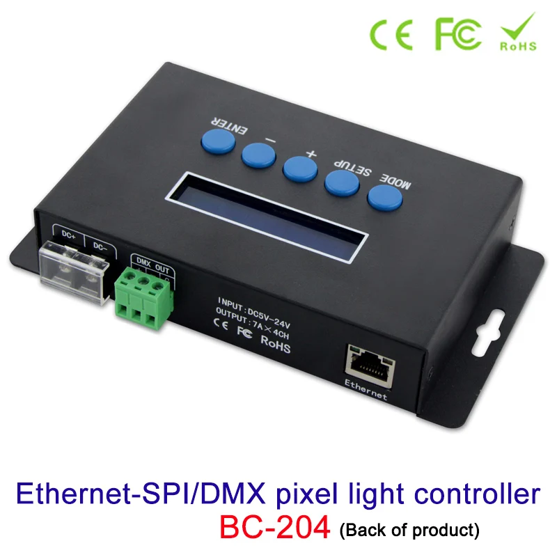 

Artnet Ethernet to SPI/DMX pixel led light controller BC-204 DC5V~24V output Current 7Ax4CH; factory software with V1/V2 version