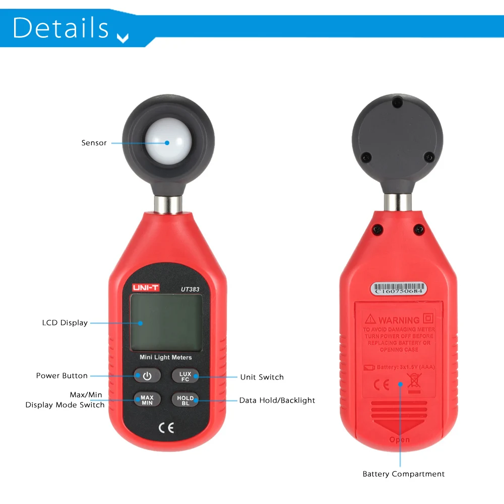 Uni-t UT383 Цифровой Люксметр измеритель освещенности Lux/FC измерительный прибор люменометр фотометр 200000 люкс