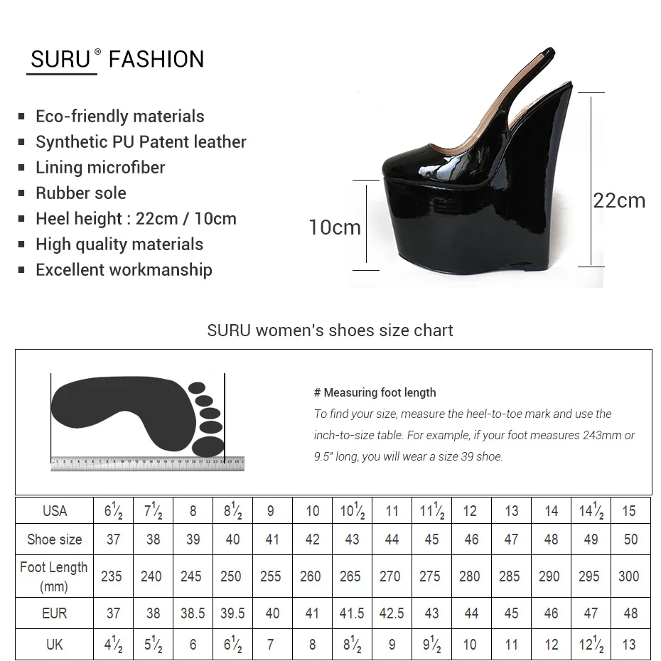 SURU/черные лакированные туфли-лодочки на танкетке; женские пикантные Свадебные Вечерние туфли на высоком каблуке 23 см; большие размеры США 11, 12, 13, 14