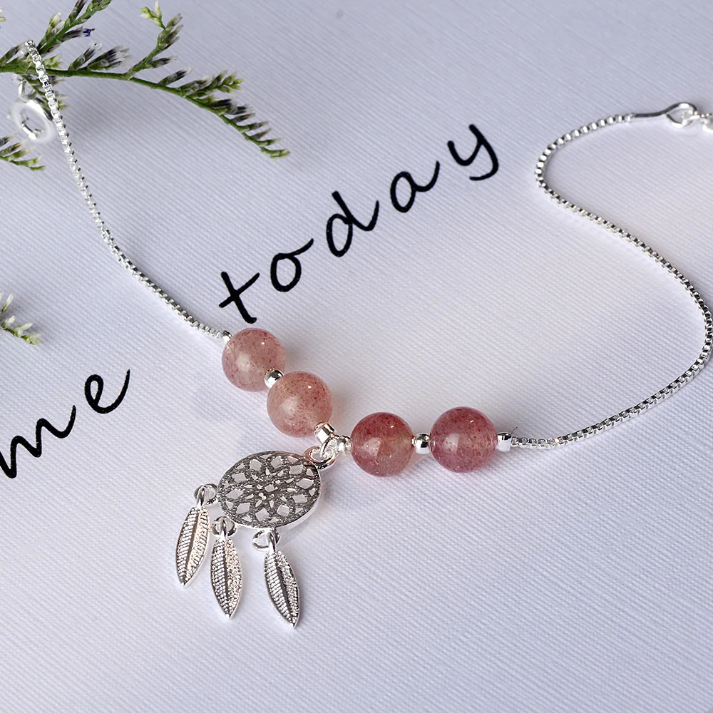 Anenjery браслет с натуральным клубничным кристаллом Ловец снов для женщин подарок для девочек Лидер продаж 925 пробы серебряные ювелирные изделия S-B177