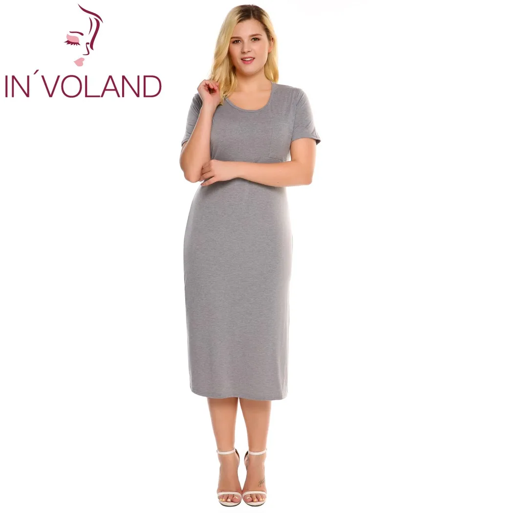 IN'VOLAND женское платье-карандаш размера плюс, летнее Повседневное платье с коротким рукавом, однотонное приталенное платье с разрезом по бокам и карманами, женские платья, размер d 5XL
