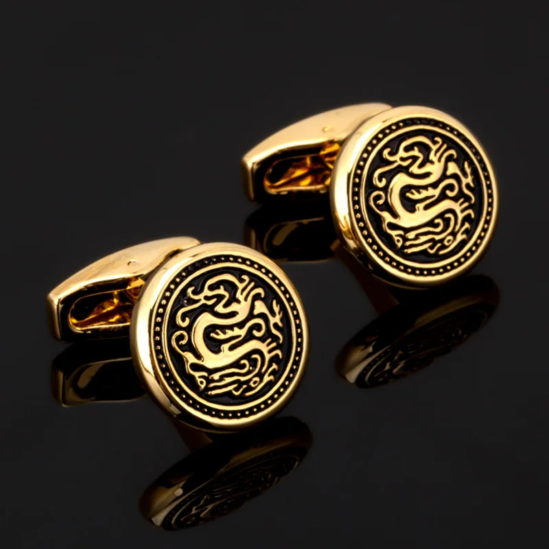 

DY New high-end gold round dragon pattern, cufflinks, fashion crystal flowers, men's French shirt cuff links