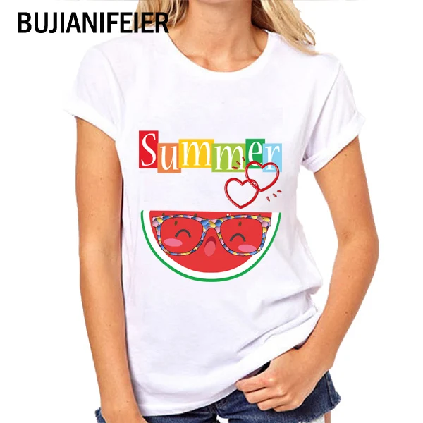 

2019 new summer dress women's T-shirt white short-sleeved cartoon fruit Slim fit print T-shirt