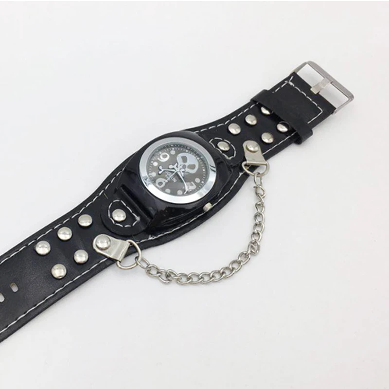 retro punk watch men cool mens quartz watches black leather strap chain skull dial wristwatches for men drop shipping (6)