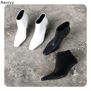 

White Woman Ankle Boots Luxury Crystal Decor Thin Heel women's Short Boot Square Toe Fashion Female Shoe Autumn Winter Outfit