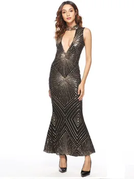 

high quality Sexy Women V-Neck Sequined Dress Bandage Rayon Elegant Homecoming Evening Party Dress