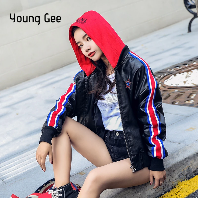 

Young Gee Women Hoodies Faux Leather Coats Winter Autumn Black Motorcycle Outerwear PU Jackets for Girls Overcoat chaqueta mujer
