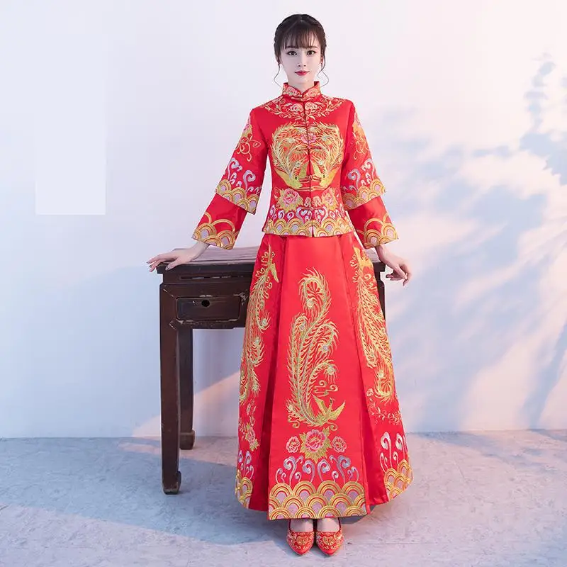 Oversize классический невесты свадебные Cheongsam китайский стиль вышивка феникс Qipao Восточный Национальный для женщин брак костюм 3XL 4XL - Цвет: Phoenix 3