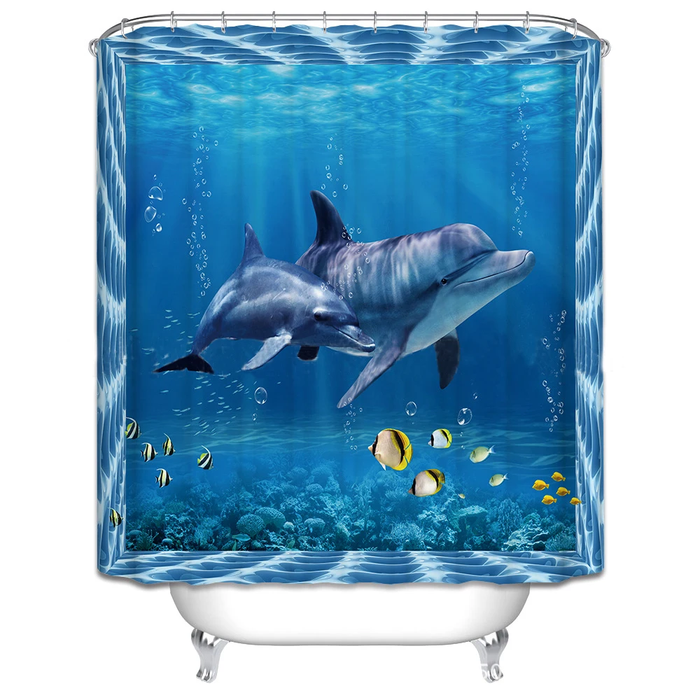 

180*180cm Bathroom Polyester Fabric Dolphin Printed Shower Curtains Liner Waterproof Washable 12 Hooks