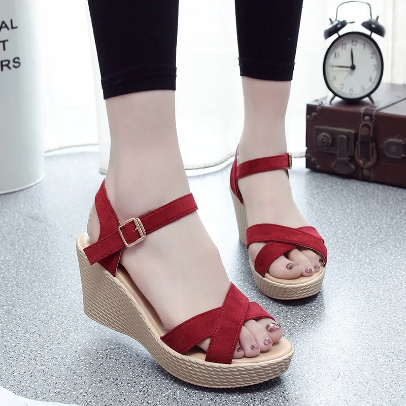 

2019 summer new style simple and simple solid color high heel sandals women comfortable wild wedge sandals