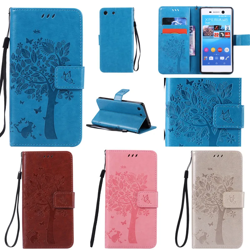 

Luxury Cute Cartoon Cat and Tree Wallet Flip Funda Brand Case For Sony Xperia M2 S50h / M4 Aqua / M5 / C5 / C6 / E4 Dual Cover