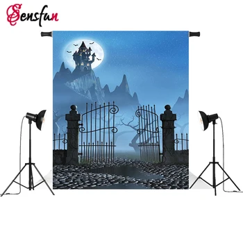 

Vintage Door Vinyl Photo Background Halloween Horrible Zombie Full Moon Night photography studio backgrounds 5x7ft