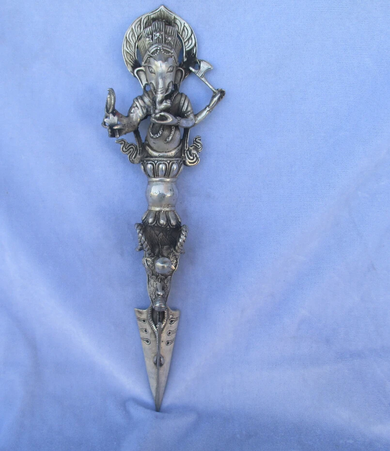 

Collectible Old Handwork Tibet silver Buddhist Sword,Carved Elephant head /Ritual Dagger statue from tibetan ,Long 13 inch