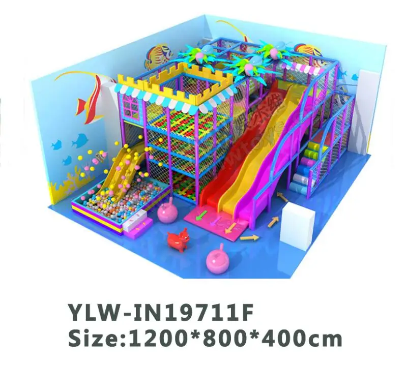 

children amusement indoor play structure 3 in 1 plastic slide indoor net climber with ball pool YLW-IN19711F