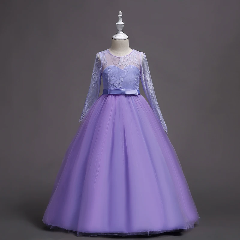 Длина до пола, кружевное платье принцессы с длинными рукавами и цветочным узором для девочек, 2019 фиолетовое Пышное Платье для девочек