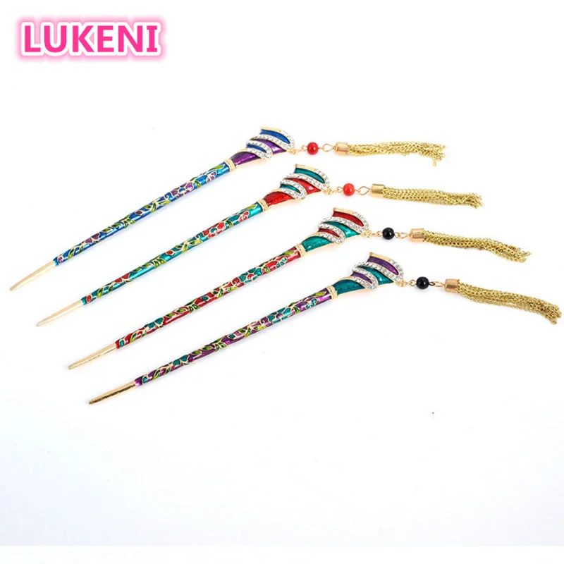

2017 Retro fashion noble Cloisonne gold plated Hairpin Wedding headdress Hair sticks Fashion jewelry For women Free shipping