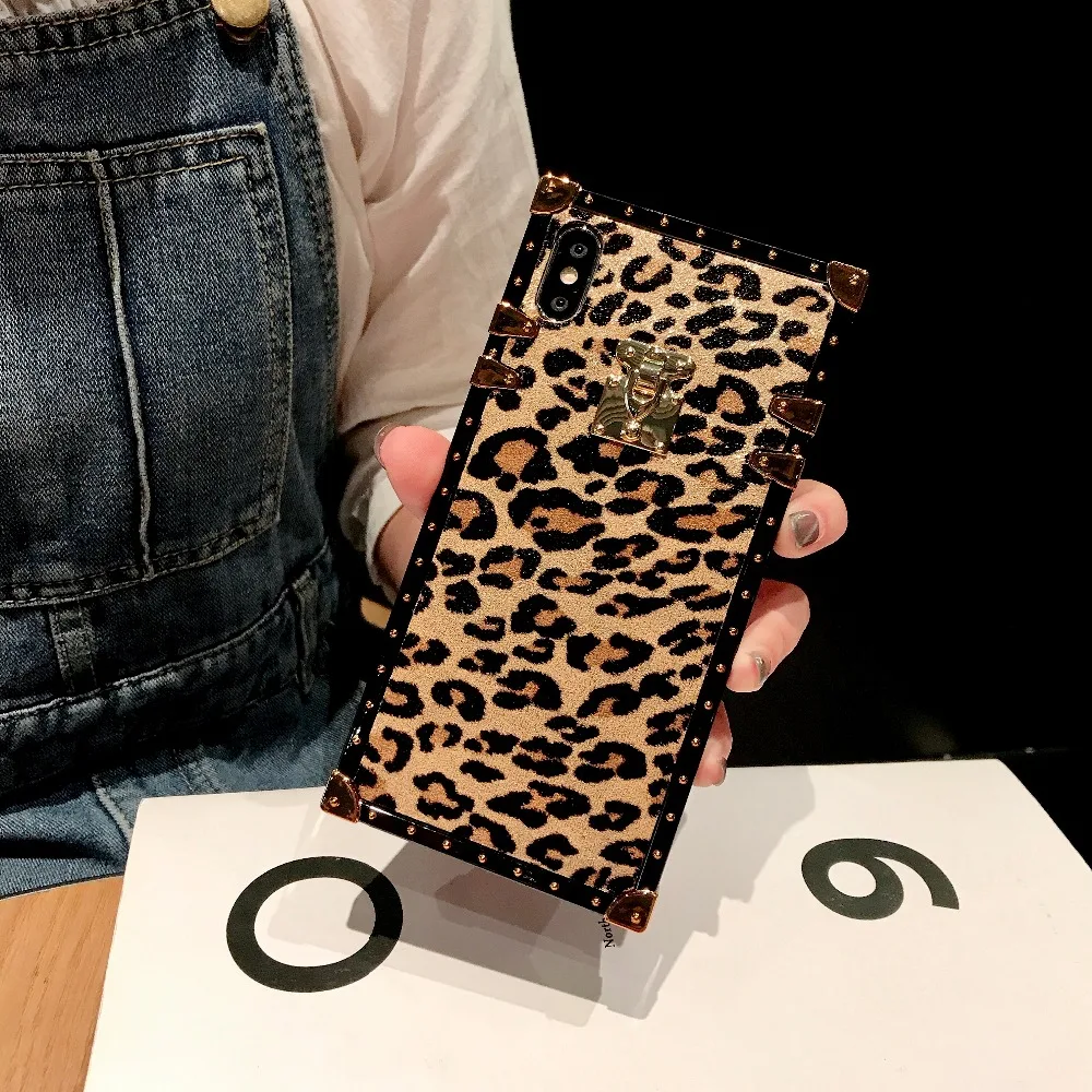 Fashion Rivet Square Box Leopard Case Cover For iPhone 11 Pro XS Max XR X 8 7 6S Plus Samsung Galaxy NOTE 10 9 8 S10E S9 S8 Plus