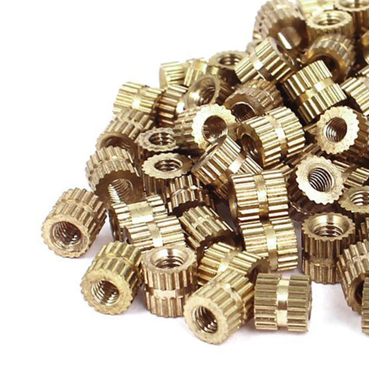 100pcs M3*5mm Knurl Thread Inserts 5mm(OD) Metric Threaded Brass Knurl Round Insert Nuts Gold Tone Thread Inserts