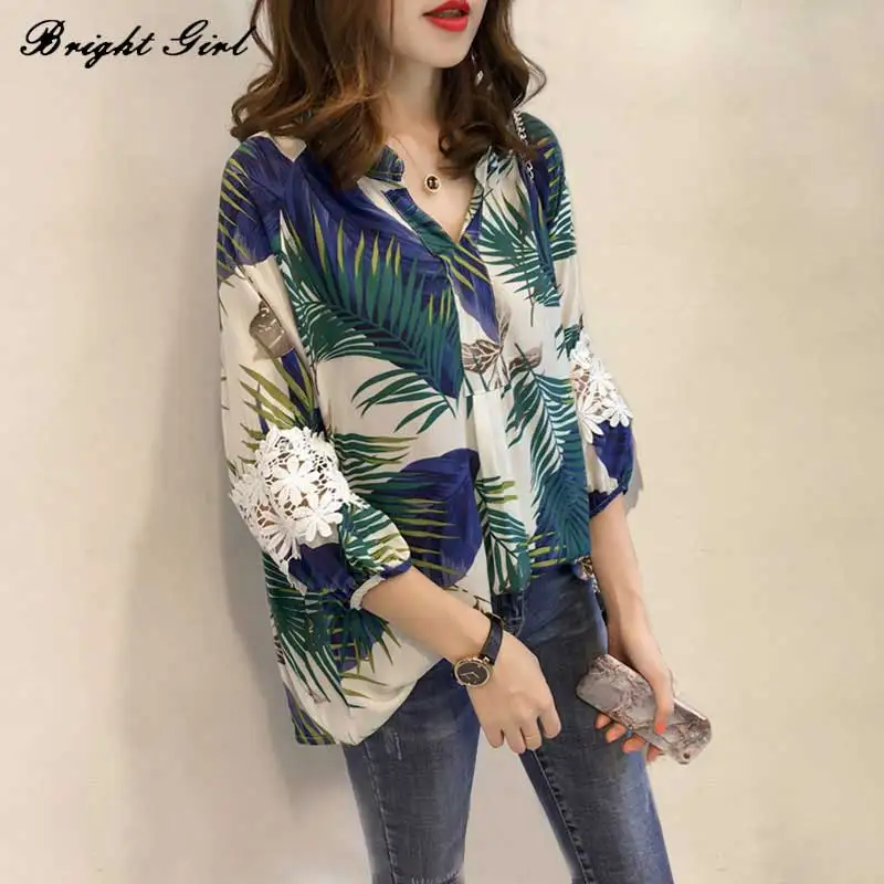 

BRIGHT GIRL Women Blouse Tropical Plants Shirt Ladies Girls Causal Tops Women's Clothes Long Sleeve blusas Shirts Plaid BG17526