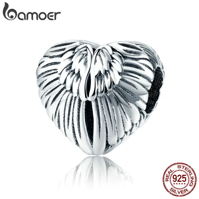 BAMOER 100% 925 Sterling Silver Angel Wings in Heart Shape Charm Beads Fit Women Bracelets Bangles DIY Jewelry Making SCC780 BAMOER 100% 925 Sterling Silver Angel Wings in Heart Shape Charm Beads Fit Women Bracelets Bangles DIY Jewelry Making SCC780