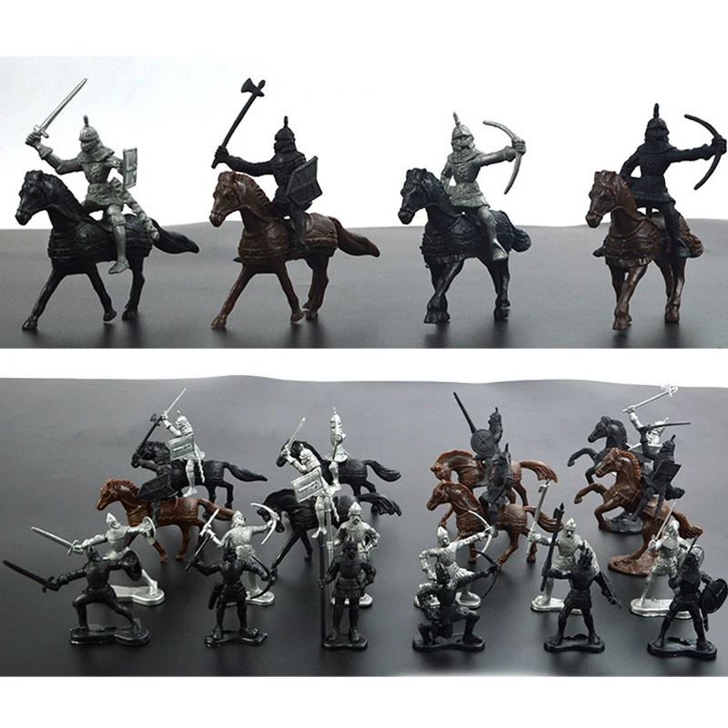 28PCS Warriors Horses Soldiers Model Figurines Plastic Crafts Creative Gifts Medieval Knights Miniatures Home Table Decorations