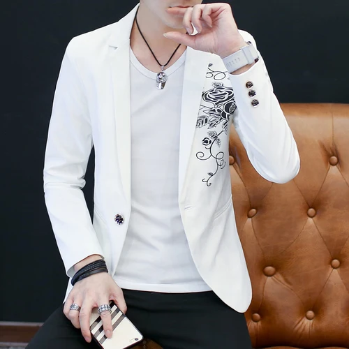 Модный мужской костюм с цветочным принтом, пиджак белого, черного, синего цвета, деловой мужской пиджак для свадебной вечеринки, Осенний Молодежный Блейзер, пальто - Цвет: Белый