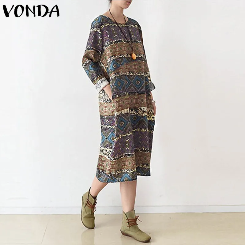 

Casual Loose Cotton Vestidos 2019 Autumn Dresses Elegant Long Sleeve O Neck Pockets Vintage Print Mid-calf Clothings Plus Size