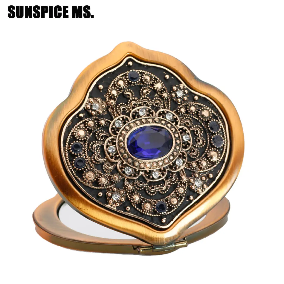 

Vintage Turkish Women Makeup Mirror Big Resin Flower Metal Cosmetic Mirror Body Jewelry Antique Gold Color 2018 Drop Shipping