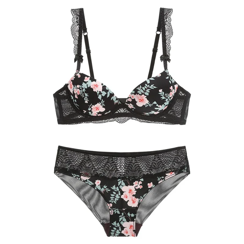 

Smooth Cup Flower Printed Bra Set With Lace Bra and Panties Set Sexy Push Up Lacy Underwear Women Lingerie White Black