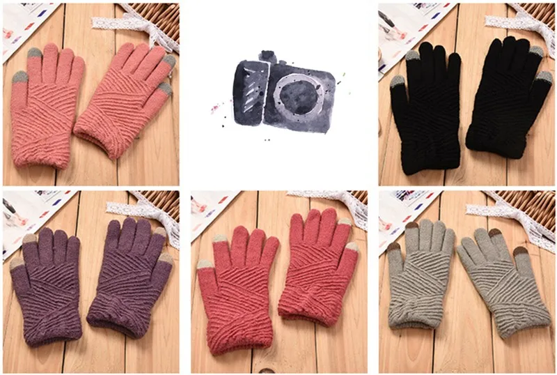 Women Gloves Winter Woolen Knitted Gloves Touch Screen Mittens Keep Warm Female Winter Full Finger Stripe Gloves Fashion Autumn -